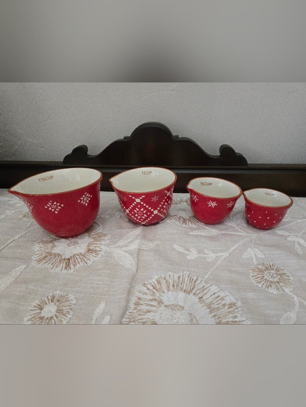 NWOT Red Ceramic Measuring Cup Stacking Set With White Design